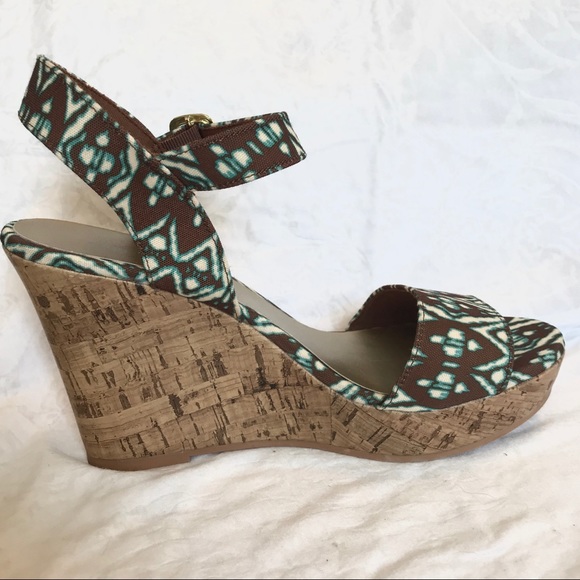 Brown teal fabric faux cork wedge heel sandals - Picture 8 of 8